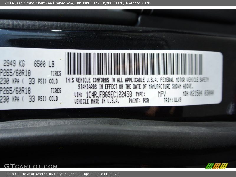 2014 Grand Cherokee Limited 4x4 Brilliant Black Crystal Pearl Color Code PXR