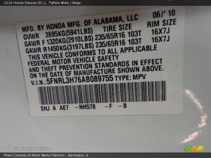 Taffeta White / Beige 2010 Honda Odyssey EX-L