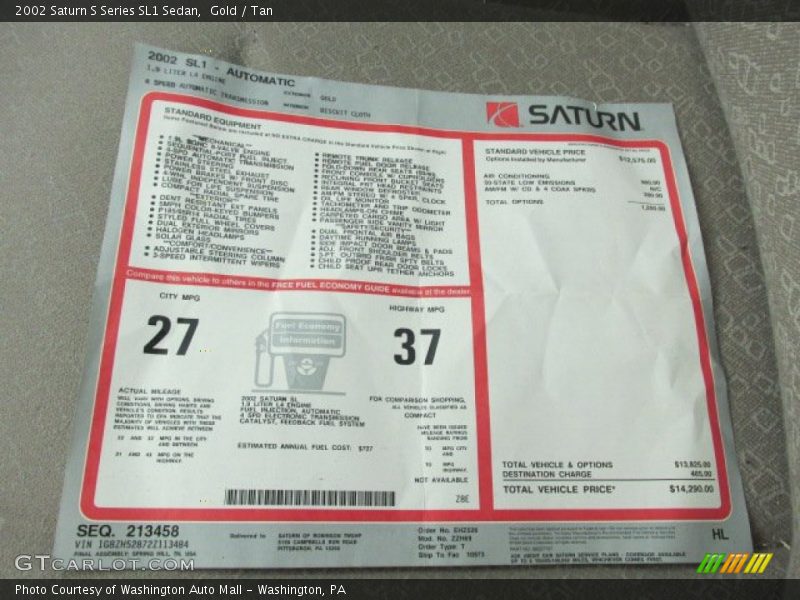  2002 S Series SL1 Sedan Window Sticker