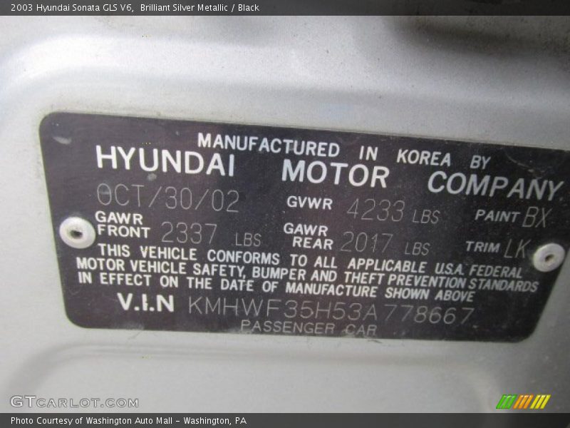 Brilliant Silver Metallic / Black 2003 Hyundai Sonata GLS V6