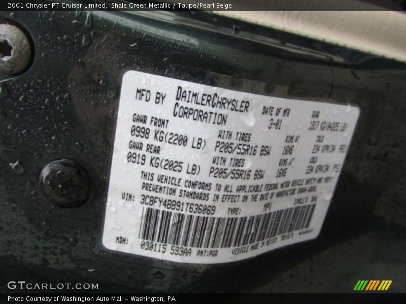 2001 PT Cruiser Limited Shale Green Metallic Color Code PGR