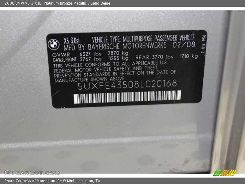 Platinum Bronze Metallic / Sand Beige 2008 BMW X5 3.0si