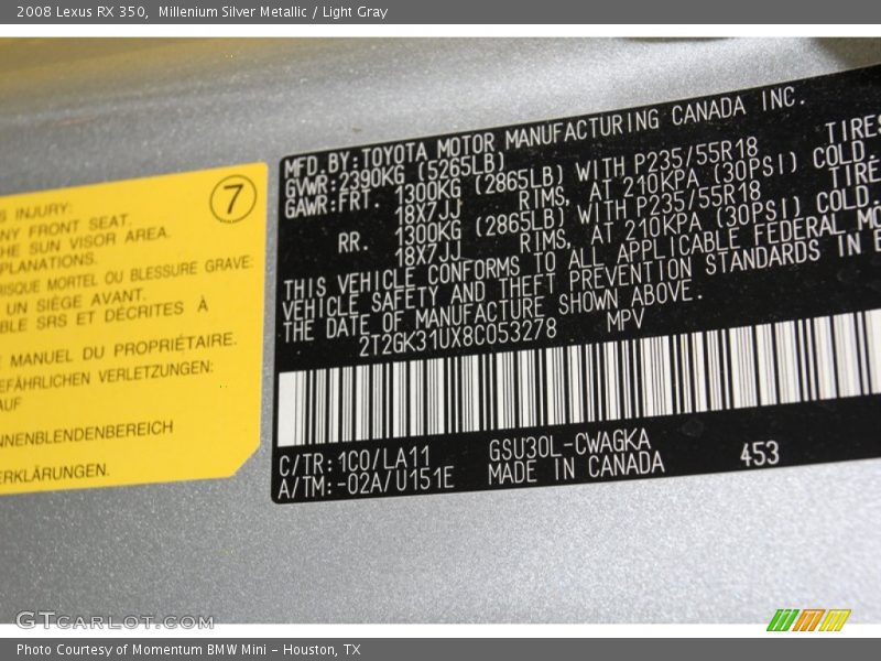 2008 RX 350 Millenium Silver Metallic Color Code 1C0