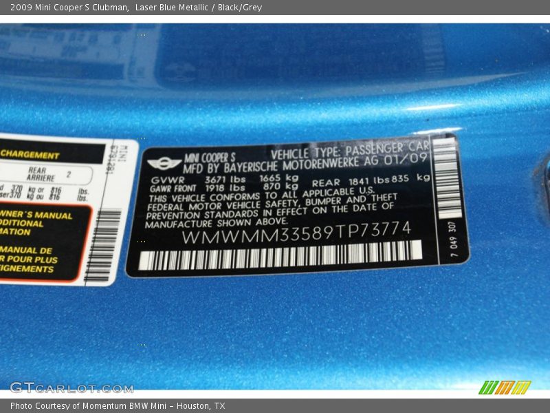 Laser Blue Metallic / Black/Grey 2009 Mini Cooper S Clubman