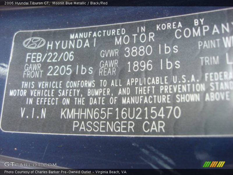 Moonlit Blue Metallic / Black/Red 2006 Hyundai Tiburon GT