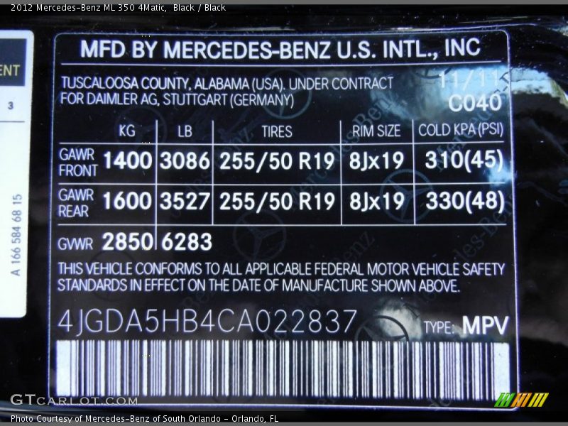 2012 ML 350 4Matic Black Color Code 040