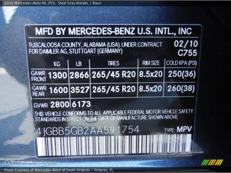 Steel Grey Metallic / Black 2010 Mercedes-Benz ML 350