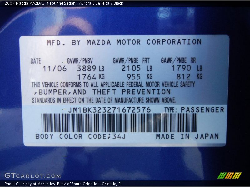 2007 MAZDA3 s Touring Sedan Aurora Blue Mica Color Code 34J