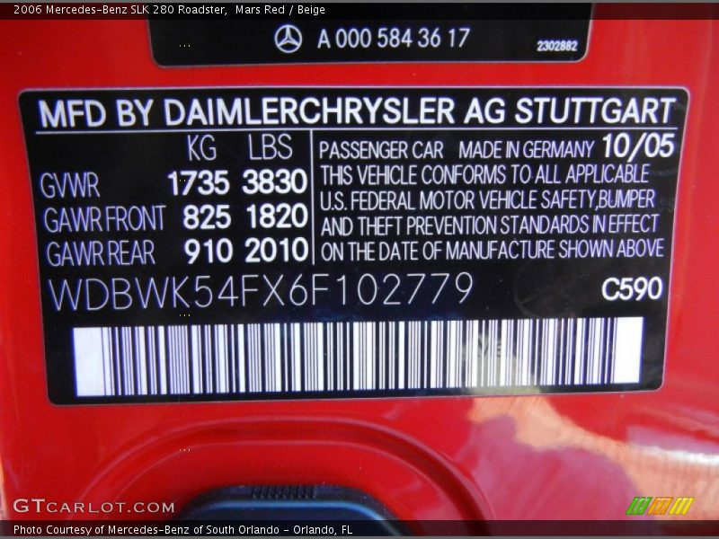 2006 SLK 280 Roadster Mars Red Color Code 590