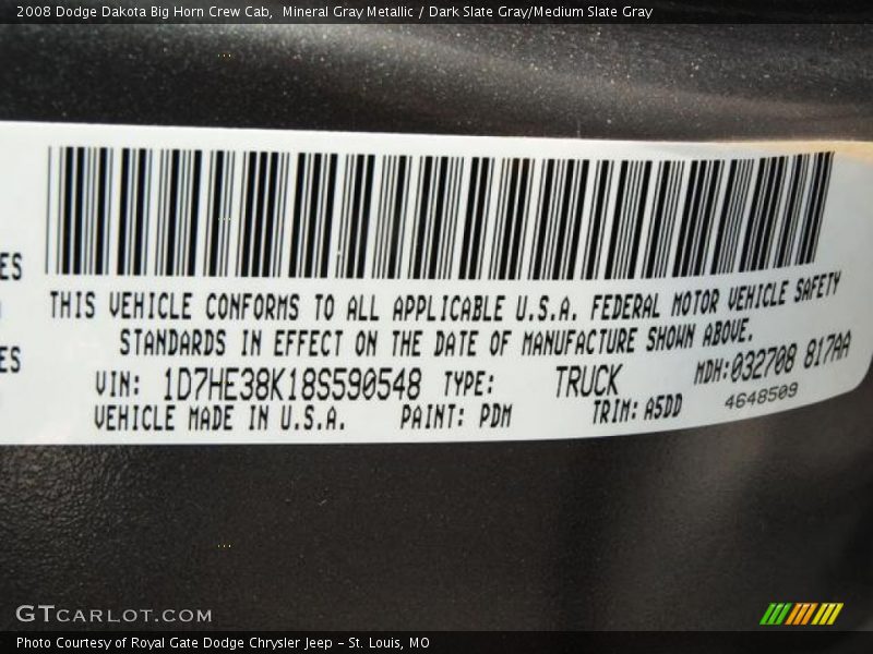 Mineral Gray Metallic / Dark Slate Gray/Medium Slate Gray 2008 Dodge Dakota Big Horn Crew Cab