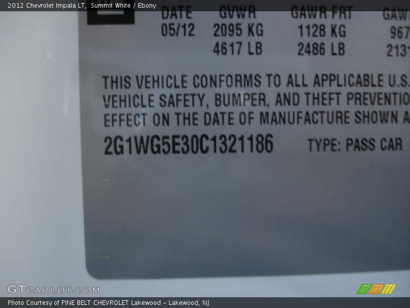 Summit White / Ebony 2012 Chevrolet Impala LT