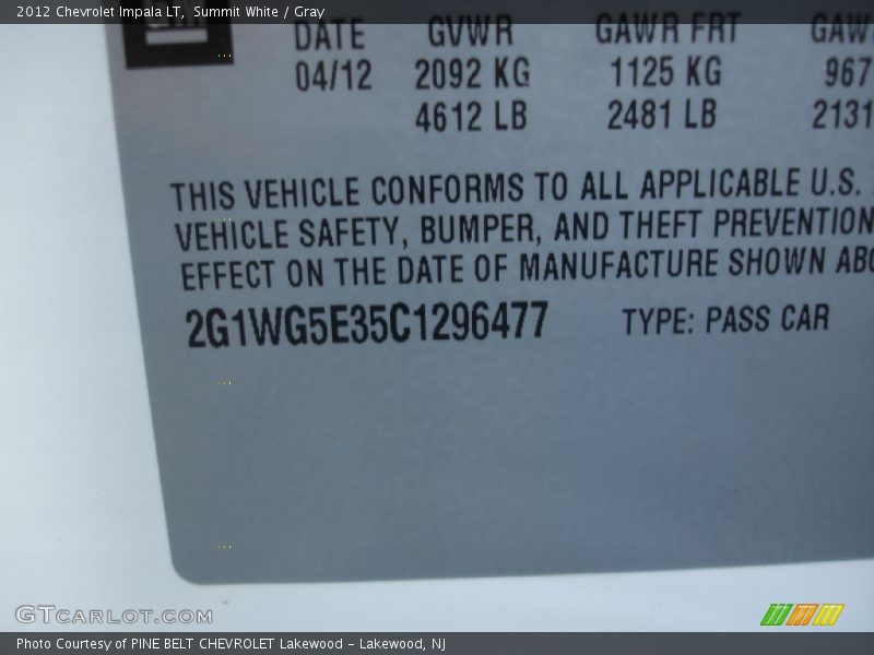 Summit White / Gray 2012 Chevrolet Impala LT