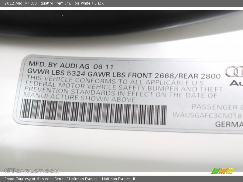 Ibis White / Black 2012 Audi A7 3.0T quattro Premium