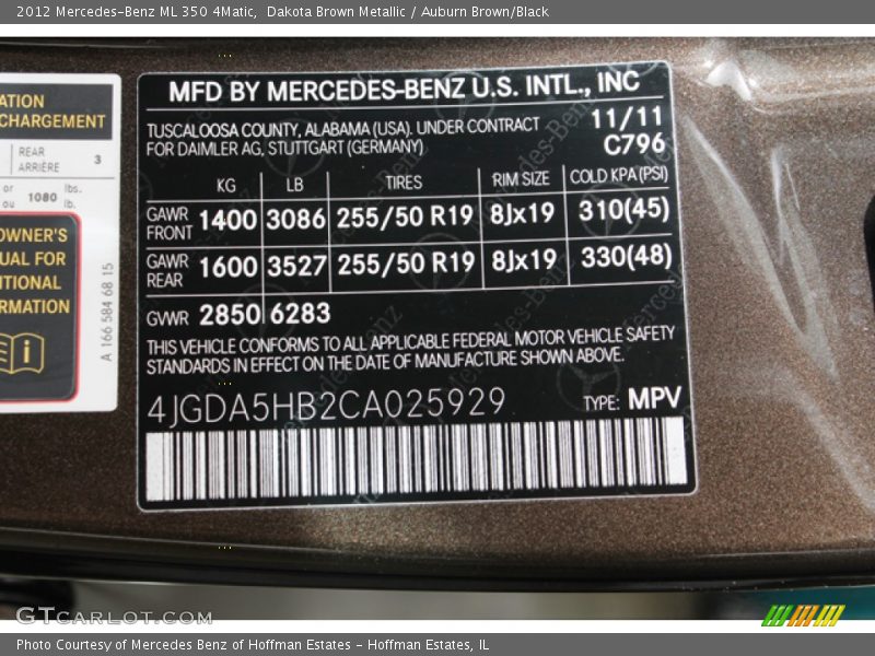 Dakota Brown Metallic / Auburn Brown/Black 2012 Mercedes-Benz ML 350 4Matic