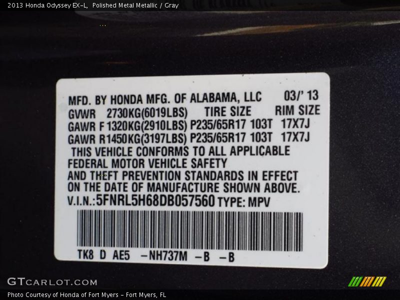Polished Metal Metallic / Gray 2013 Honda Odyssey EX-L
