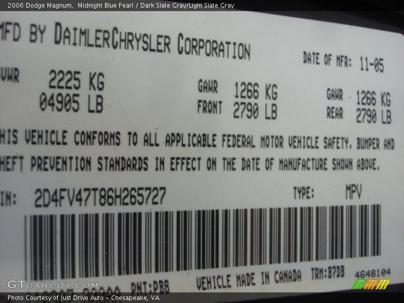 2006 Magnum  Midnight Blue Pearl Color Code PB8