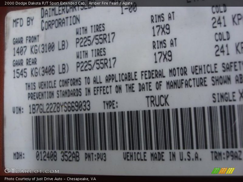 2000 Dakota R/T Sport Extended Cab Amber Fire Pearl Color Code PV3