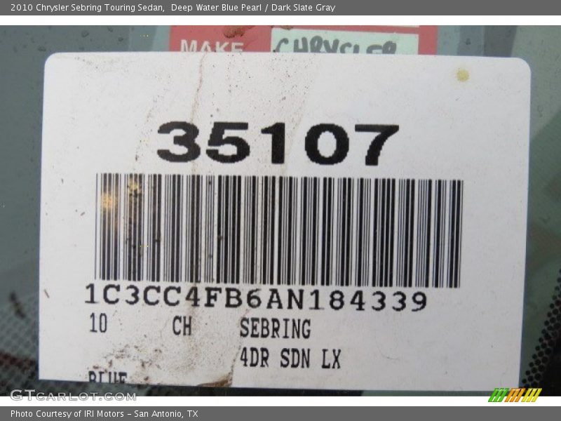 Deep Water Blue Pearl / Dark Slate Gray 2010 Chrysler Sebring Touring Sedan