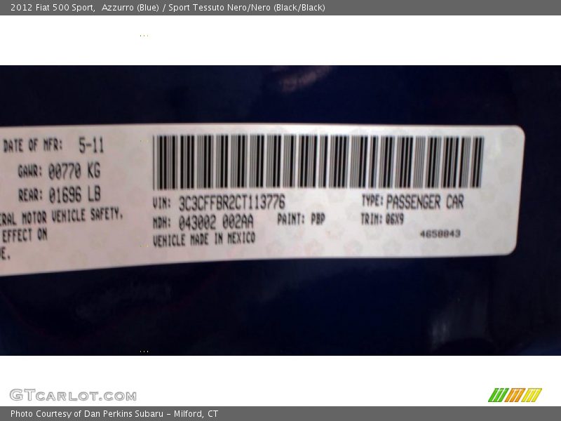 2012 500 Sport Azzurro (Blue) Color Code PBP