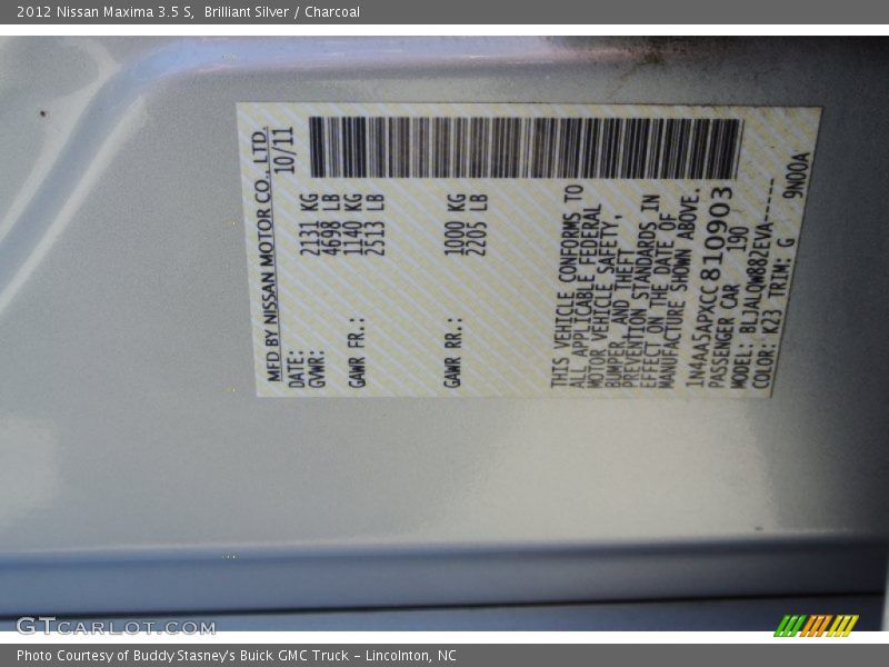 Brilliant Silver / Charcoal 2012 Nissan Maxima 3.5 S