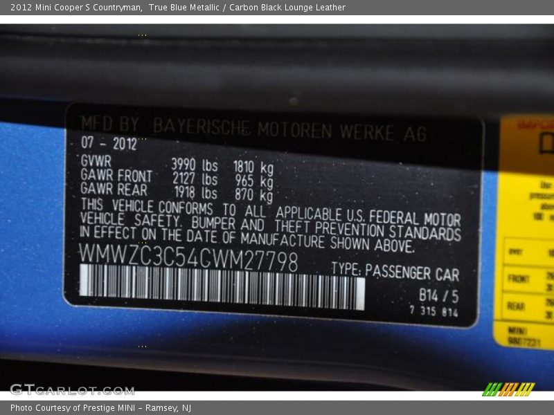 True Blue Metallic / Carbon Black Lounge Leather 2012 Mini Cooper S Countryman