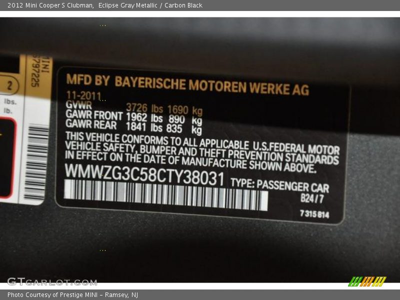 Eclipse Gray Metallic / Carbon Black 2012 Mini Cooper S Clubman