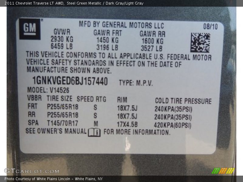 Steel Green Metallic / Dark Gray/Light Gray 2011 Chevrolet Traverse LT AWD