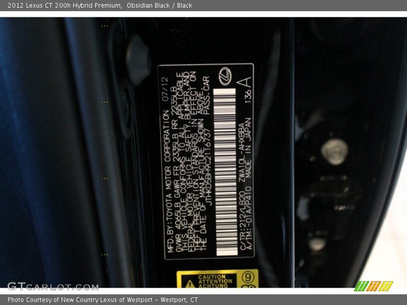 2012 CT 200h Hybrid Premium Obsidian Black Color Code 212