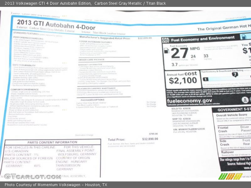  2013 GTI 4 Door Autobahn Edition Window Sticker