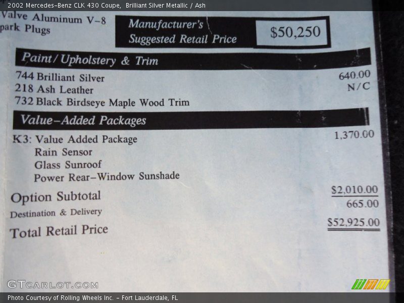  2002 CLK 430 Coupe Window Sticker