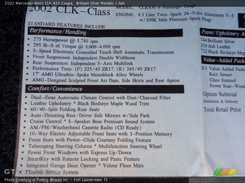  2002 CLK 430 Coupe Window Sticker