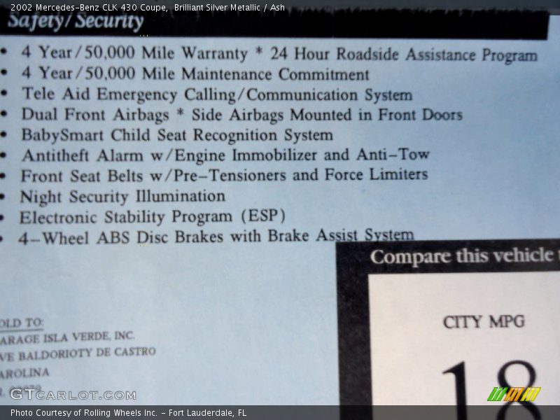  2002 CLK 430 Coupe Window Sticker