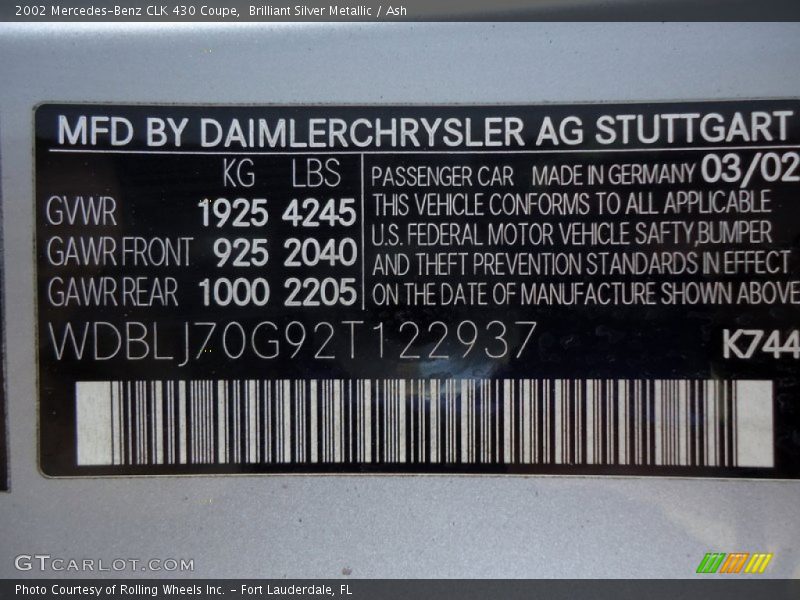 2002 CLK 430 Coupe Brilliant Silver Metallic Color Code 744