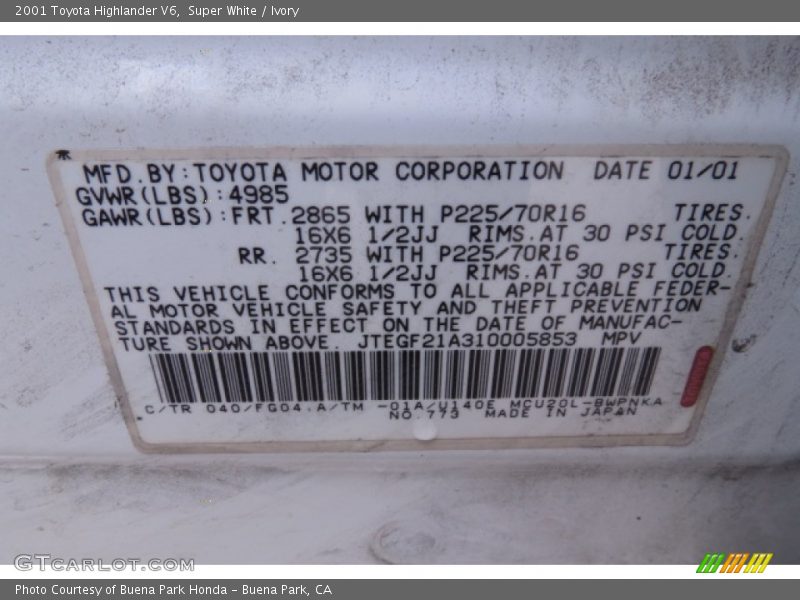 2001 Highlander V6 Super White Color Code 040