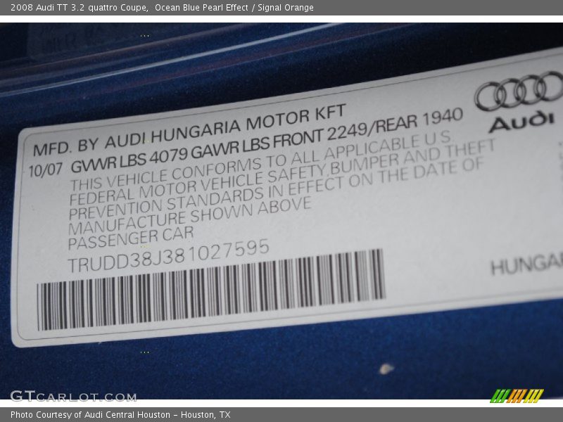 Ocean Blue Pearl Effect / Signal Orange 2008 Audi TT 3.2 quattro Coupe