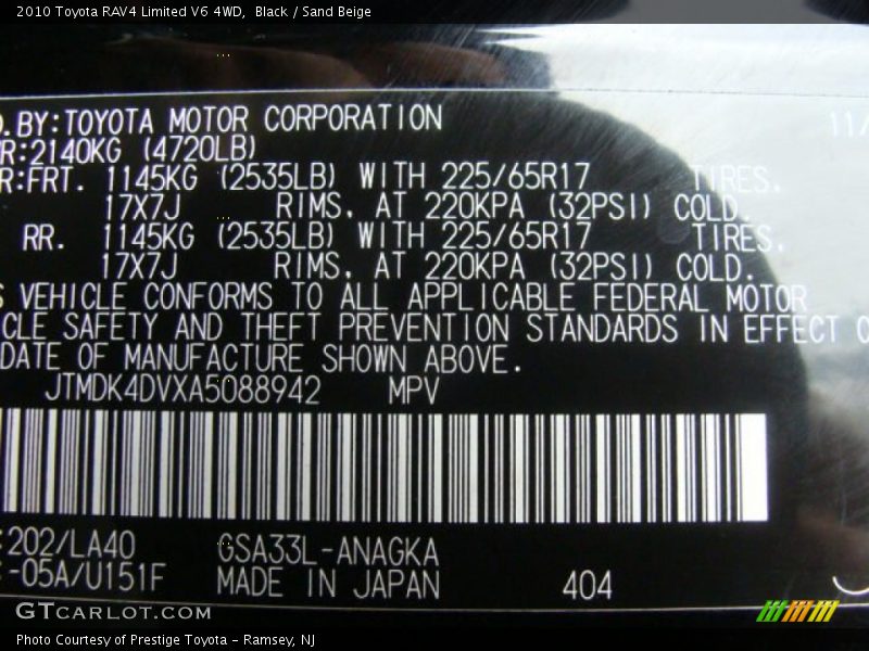 Black / Sand Beige 2010 Toyota RAV4 Limited V6 4WD