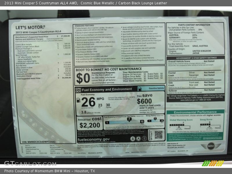  2013 Cooper S Countryman ALL4 AWD Window Sticker