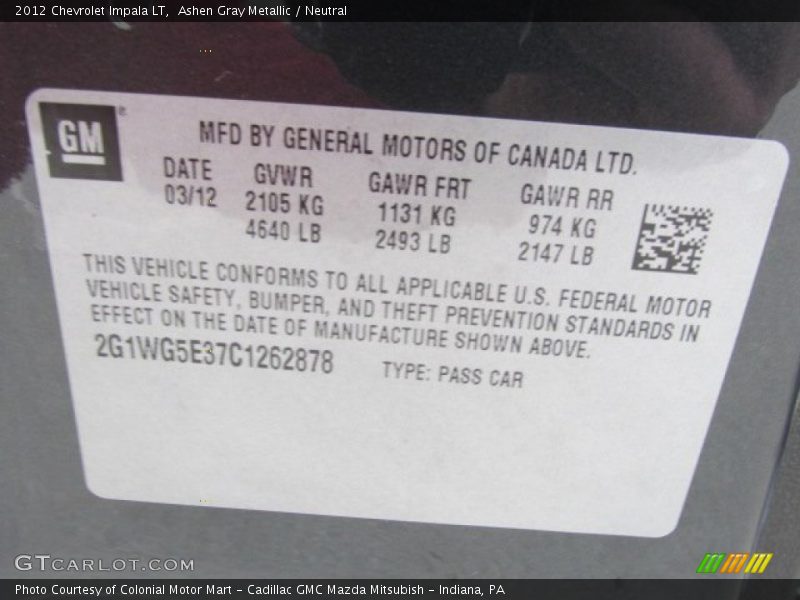 Ashen Gray Metallic / Neutral 2012 Chevrolet Impala LT
