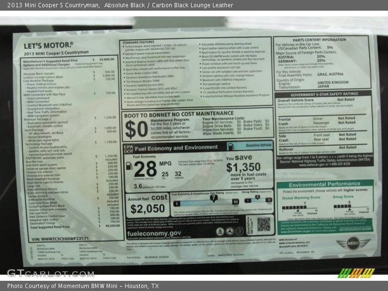  2013 Cooper S Countryman Window Sticker