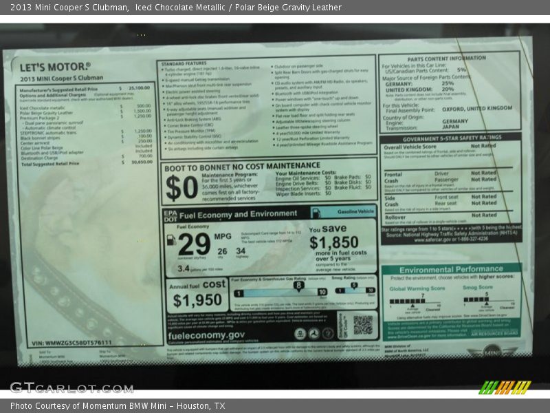  2013 Cooper S Clubman Window Sticker