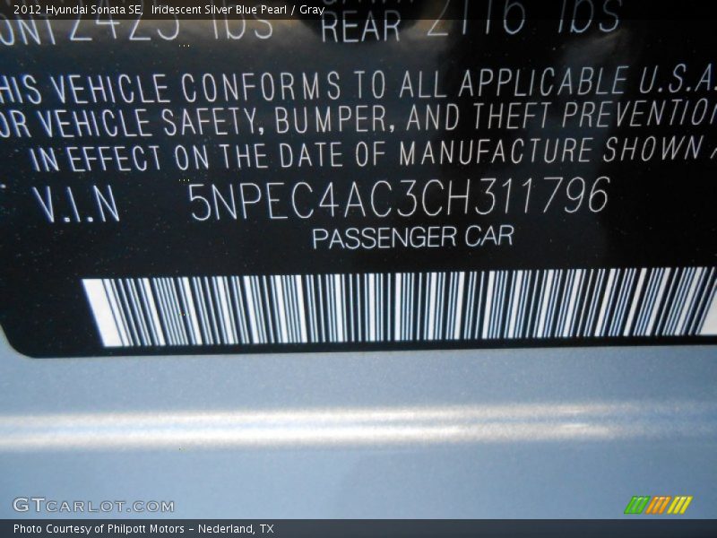 Iridescent Silver Blue Pearl / Gray 2012 Hyundai Sonata SE