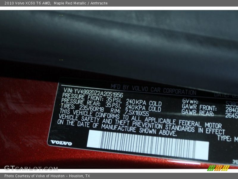 Maple Red Metallic / Anthracite 2010 Volvo XC60 T6 AWD