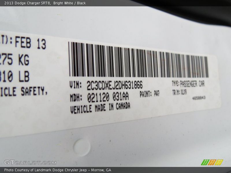 2013 Charger SRT8 Bright White Color Code PW7
