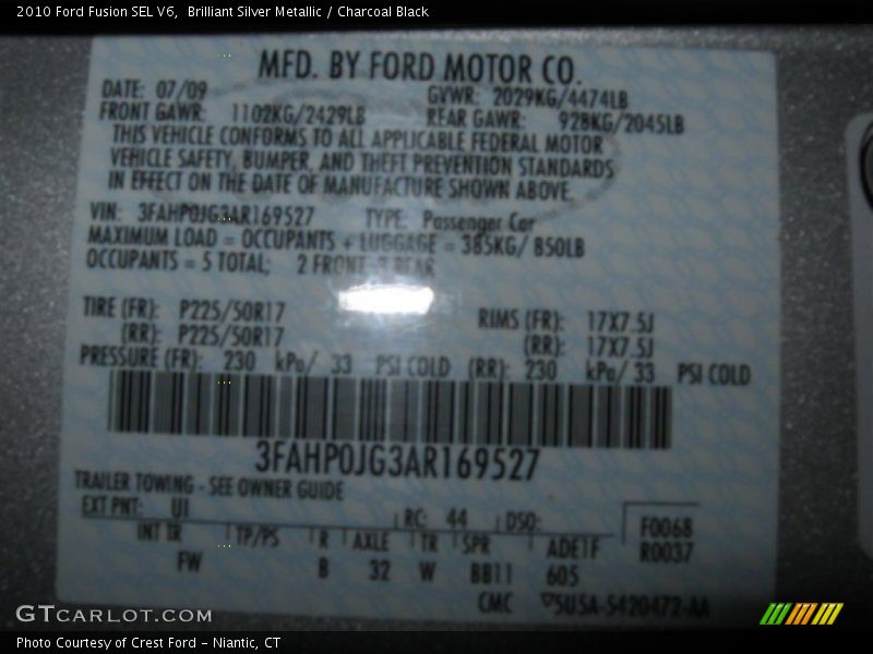 Brilliant Silver Metallic / Charcoal Black 2010 Ford Fusion SEL V6