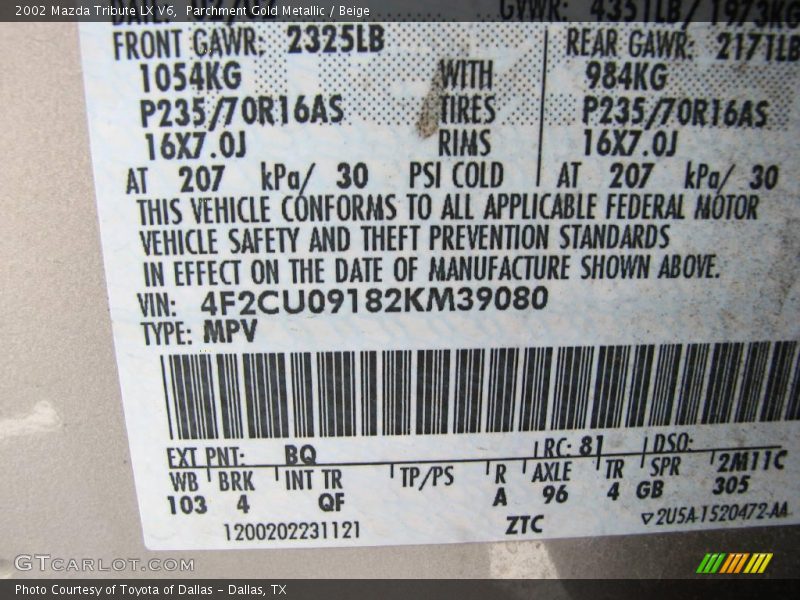 Parchment Gold Metallic / Beige 2002 Mazda Tribute LX V6