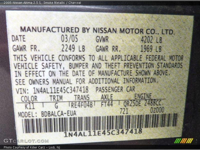 2005 Altima 2.5 S Smoke Metallic Color Code K11