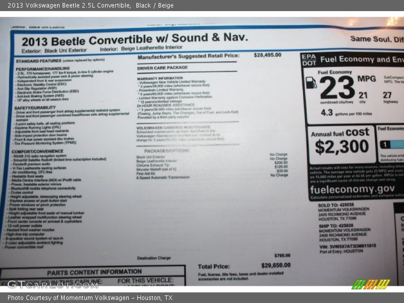  2013 Beetle 2.5L Convertible Window Sticker