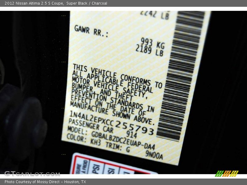 Super Black / Charcoal 2012 Nissan Altima 2.5 S Coupe