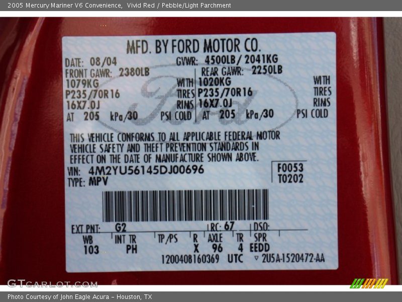 Vivid Red / Pebble/Light Parchment 2005 Mercury Mariner V6 Convenience