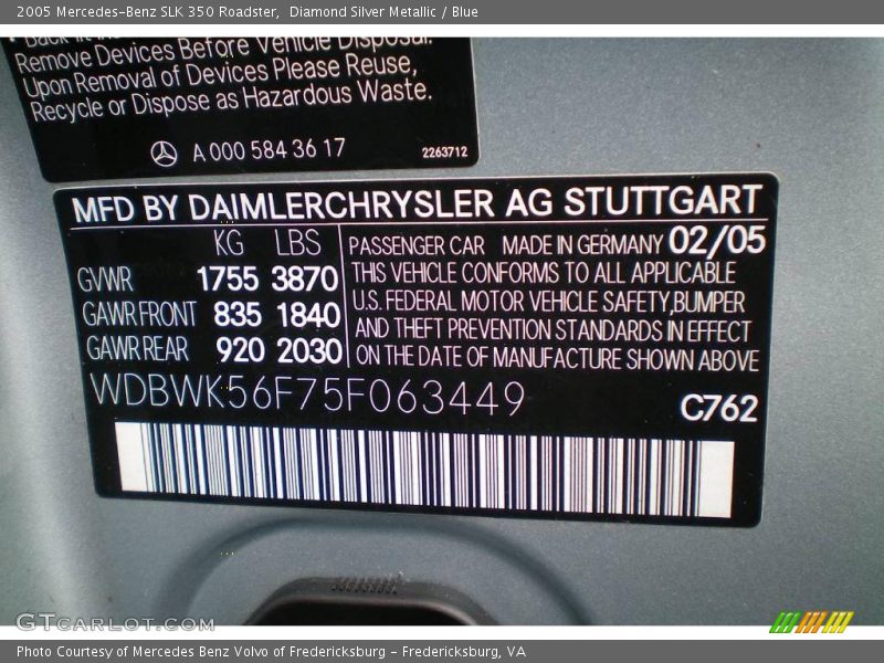 Diamond Silver Metallic / Blue 2005 Mercedes-Benz SLK 350 Roadster